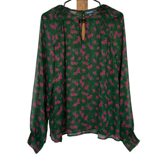 ModCloth Green & Pink Floral‎ Metallic Sheer Long Sleeve Blouse Size M - Picture 1 of 8